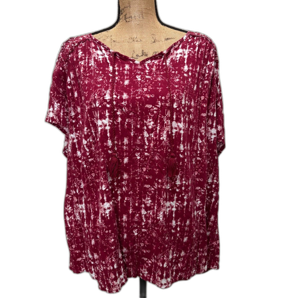 Evri Maroon Tie Dye T-Shirt Short Sleeve Tassel Peasant Bohemian Plus Size 2X